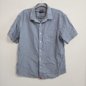 UNTUCKIT Mens Large Slim Fit Blue White‎ Striped Short Sleeve Shirt